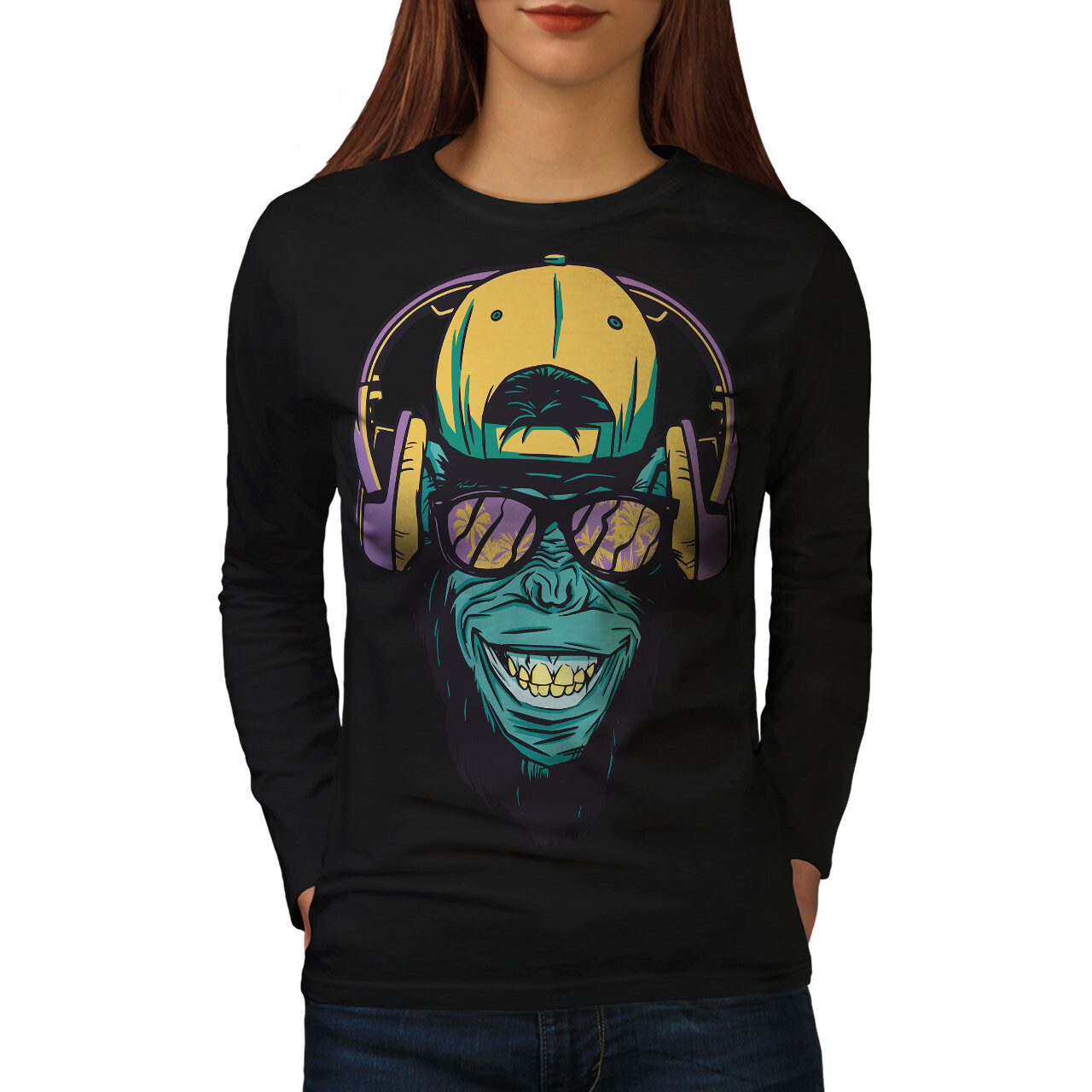 Wellcoda Cool Monkey With Headphones Womens Long Sleeve T-shirt