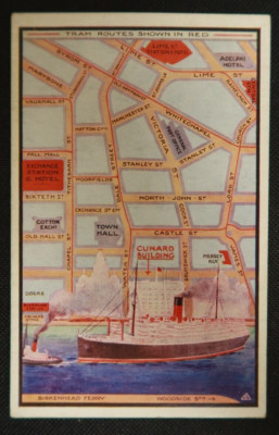 Tram Routes Birkenhead Ferry Cunard Map Postcard Steamship City Map Layout