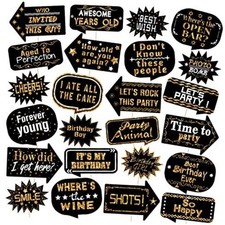 24 Pieces Photo Booth Props Birthday with Stick Happy Birthday White, Gold
