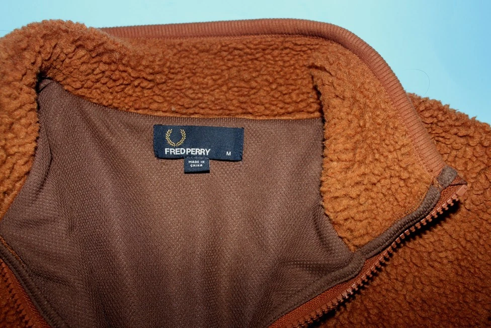 Fred Perry Brown vtg textured borg/sherpa fleece full-zip sweater jacket polo M image 4