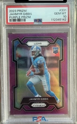 2023 Panini Prizm Rookies Jahmyr Gibbs #331 Purple Prizm /125 (RC) PSA 10 GEM Mt