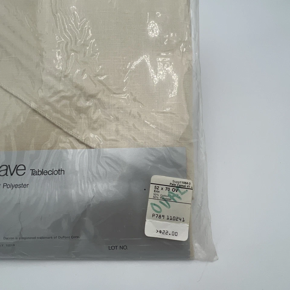 Vintage JC Penney Linen Weave Tablecloth 52 X 70” Pale Camel Beige NOS - Image 2 of 4