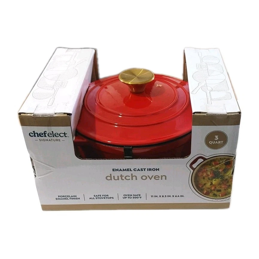 Chefelect -Signature- Enamel Cast Iron Red Dutch Oven with Lid | 3 Quart | New