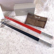 Christofle Paris Japanese Chopsticks & Rests Rouge & Noir Pair Set w/Box