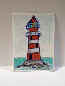 ACEO Original - Red and White Striped Lighthouse, Stormy Coastal Art