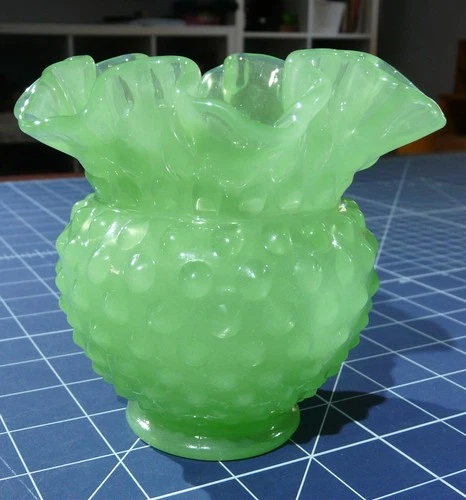 Fenton Lt Green Hobnail Vase Ruffled 4.5”