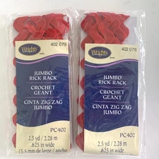 Lot of 2 Pkgs Wrights PC402 RED JUMBO RICK RACK 2.5 Yds 5/8" Wide