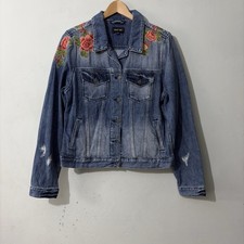 MISS ME Floral Embroidered Denim Jacket Size M Medium Distressed Blue VGC