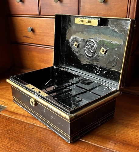 Antique English Hobbs & Co Toleware safety deposit box / Cash Box Victorian Era 