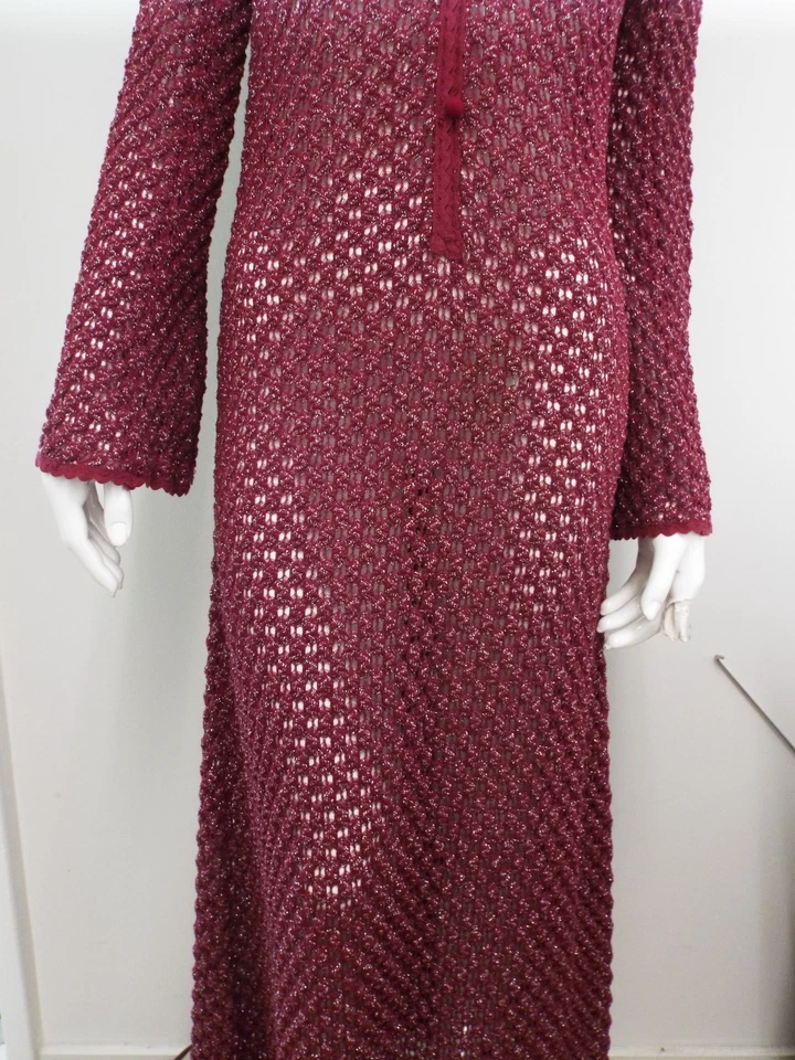Vestido De Colección Años 60 Betsey Johnson Parafernalia Largo Granate Crochet Tejido Metálico S Foto 4 de 4
