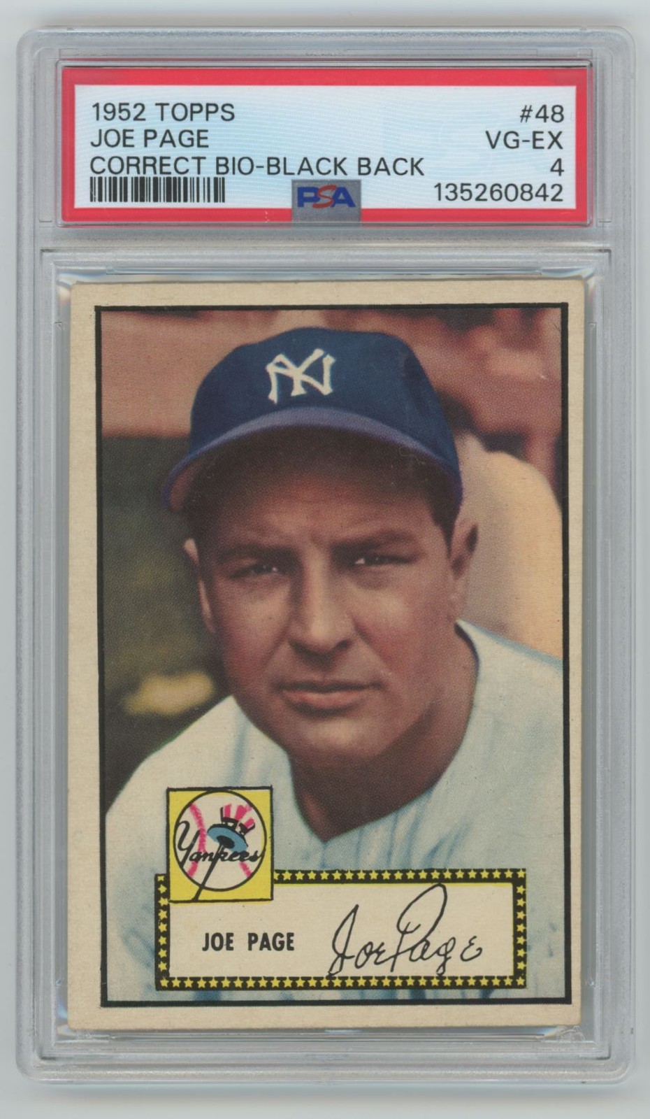Joe Page 1952 Topps Correct Bio Black Back PSA 4 #48 Brooklyn Dodgers