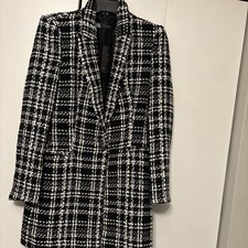 Zara Black And White Long Tweed Blazer Jacket, Size S