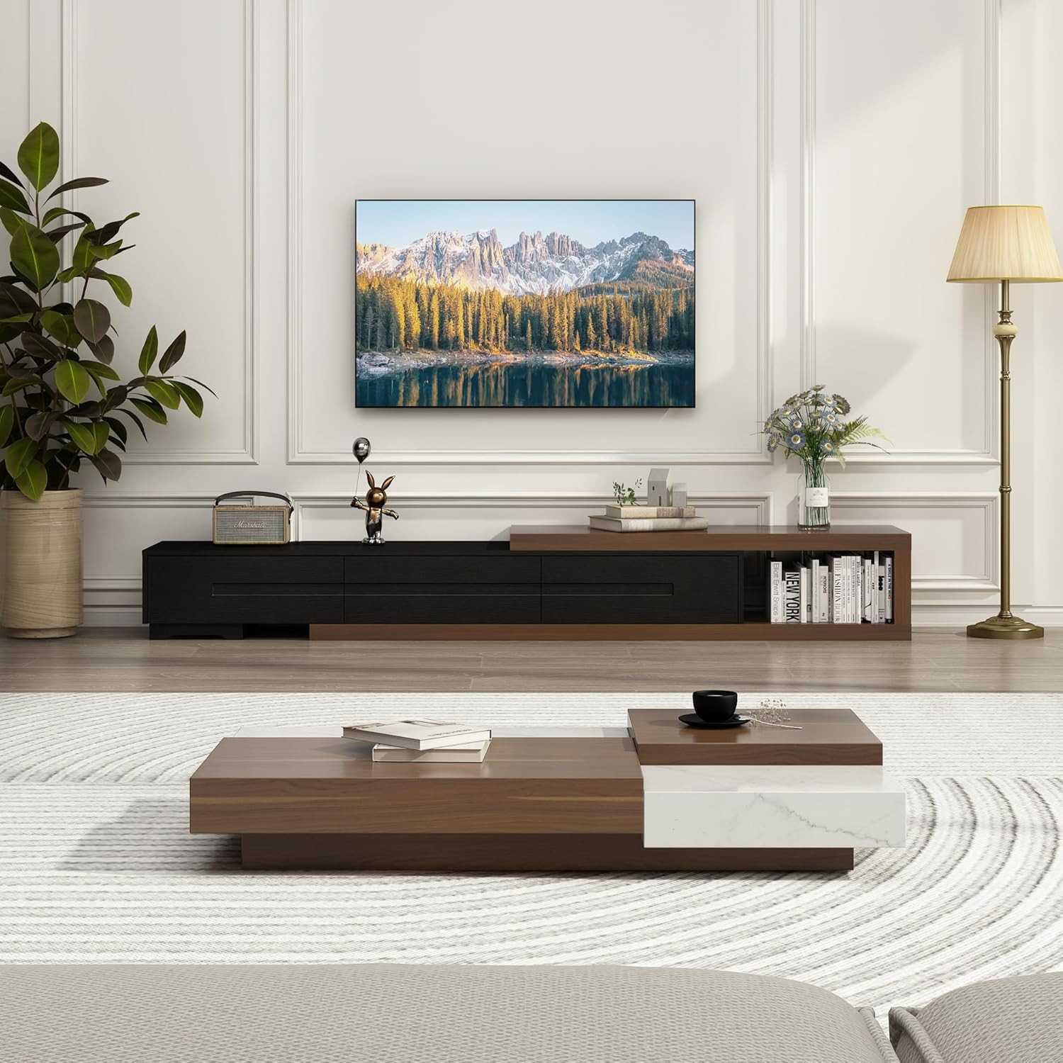 Extendable TV Stand, Modern Entertainment Center for up to 120 Inch TV, Wood Rev