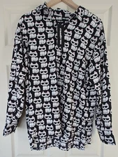 Karl Lagerfeld Paris Choupette Cat Print Blouse Large Sheer Button Shirt Black L