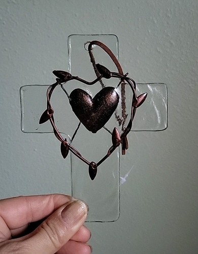 Glass cross with leather strap handmade 5" cottage core - Picture 3 of 3