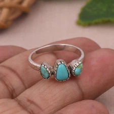 Natural Kingman Turquoise 925 Sterling Silver Trio Ring Jewelry Gift For Mothers