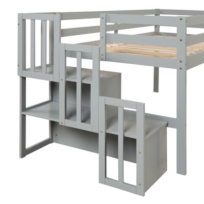 Grey Loft bed with staircase