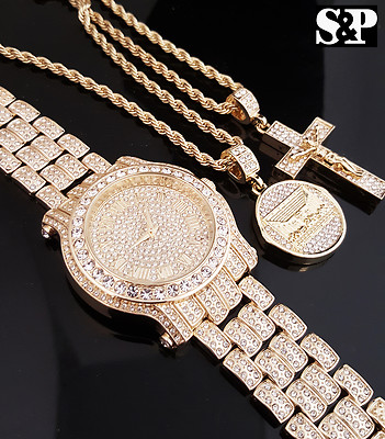 Men Hip Hop Iced Lab Diamond Watch & Jesus Cross, Last Supper