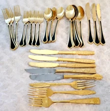 Gold Stainless Steel Flatware Black Inlay Forks Spoons Knives Mixed LOT of 33