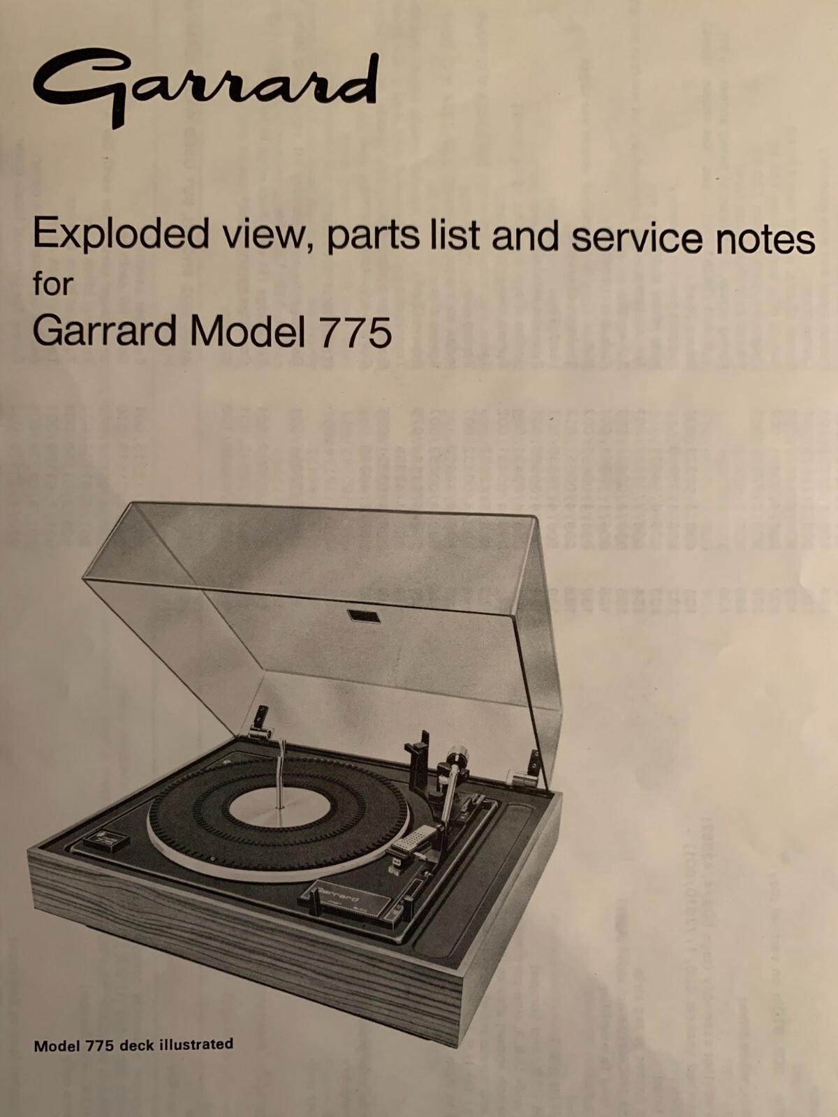 Garrard Model 775 Turntable ORIGINAL Exploded View - Parts & Service