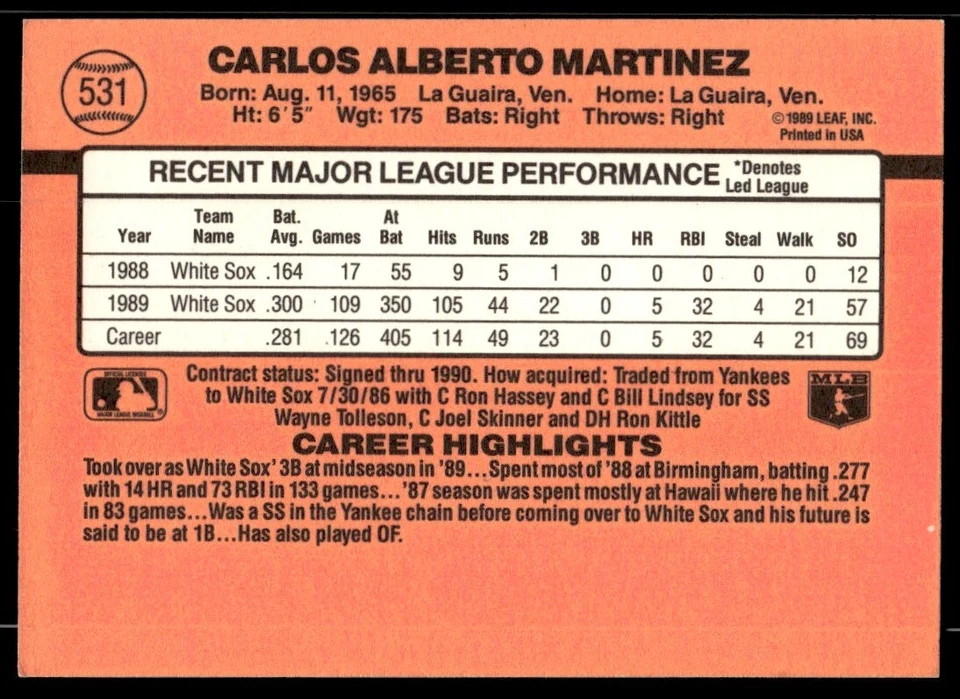 1990 Donruss Carlos Martinez Chicago White Sox #531 - Image 2 of 2