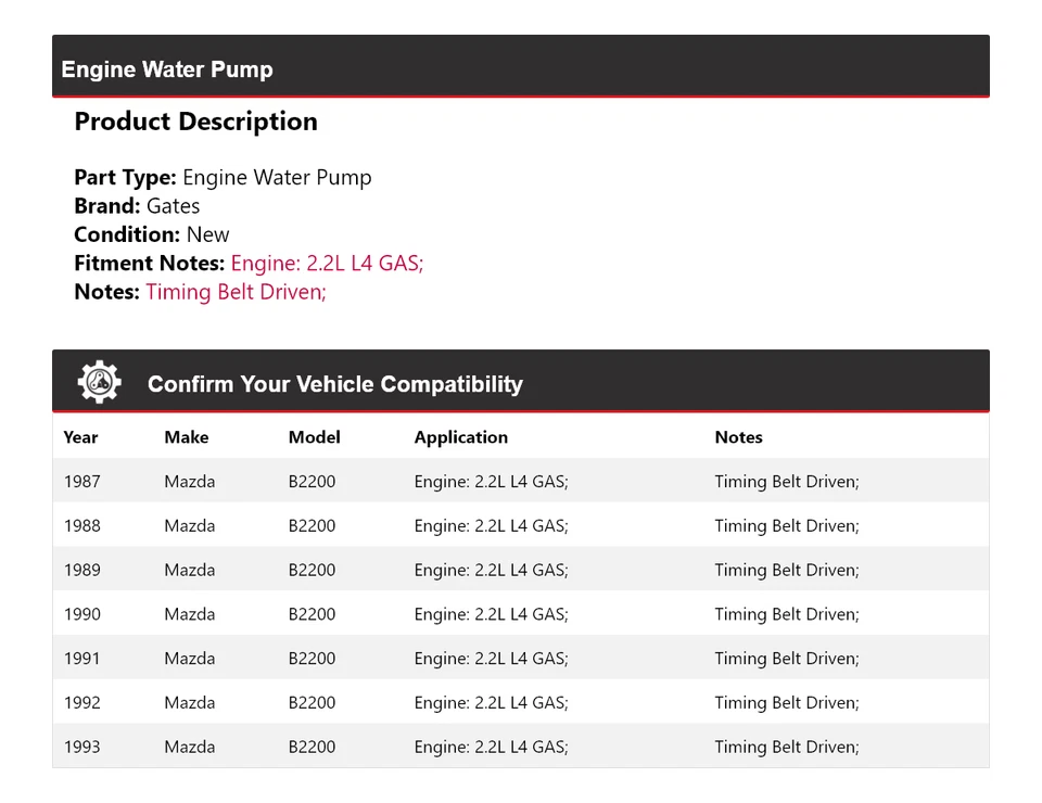 For 1987-1993 Mazda B2200 2.2L L4 GAS Engine Water Pump Gates 1988 1989 1990 - Image 2 of 4