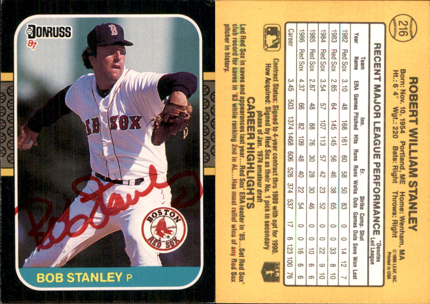 Bob Stanley Signed 1987 Donruss #216 Card Boston Red Sox Auto AU