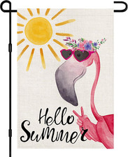 Hello Summer Flamingo Small Garden Flag Burlap Vertical Double Sided 12X18 Inch,