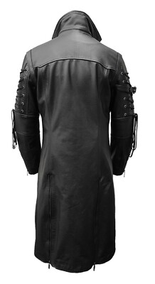 Mens Genuine Black Leather Trench Coat Steampunk Leather