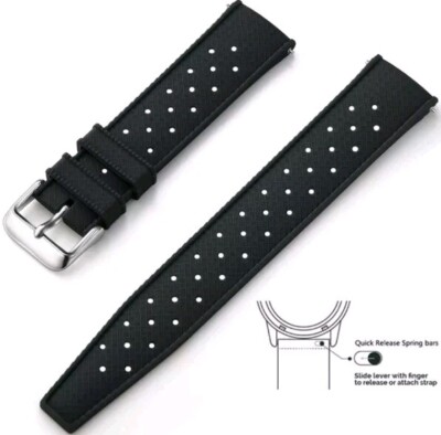 Black FKM Tropical Rubber Watch Strap 20mm Quick Release Spring Bars
