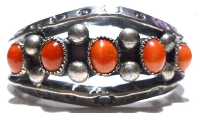 NAVAJO NATIVE AMERICAN LARGE STERLING SILVER CORAL ESTATE CUFF BRACELET ...