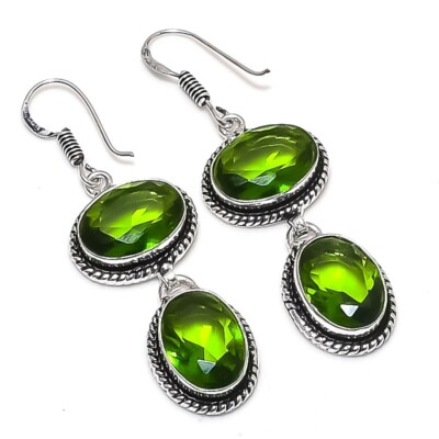 Green Peridot Gemstone Handmade 925 Sterling silver Jewelry Earring Size 2''