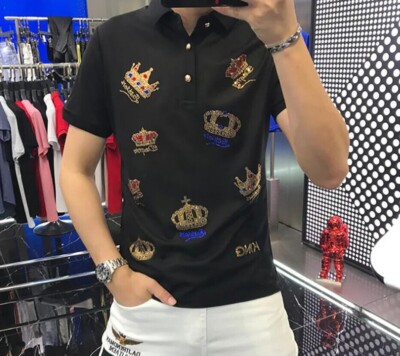 New Men Luxury Diamond Crown Rhinestones Fashion Polo T-Shirt High Quality