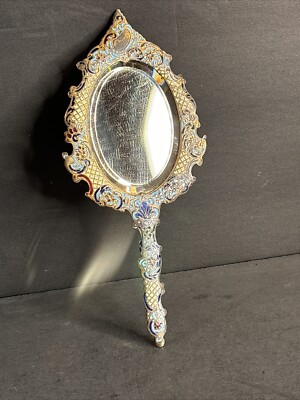 Antique Bronze Hand Mirror/Cloisonne/Enamel/Beveled Glass/FranceC