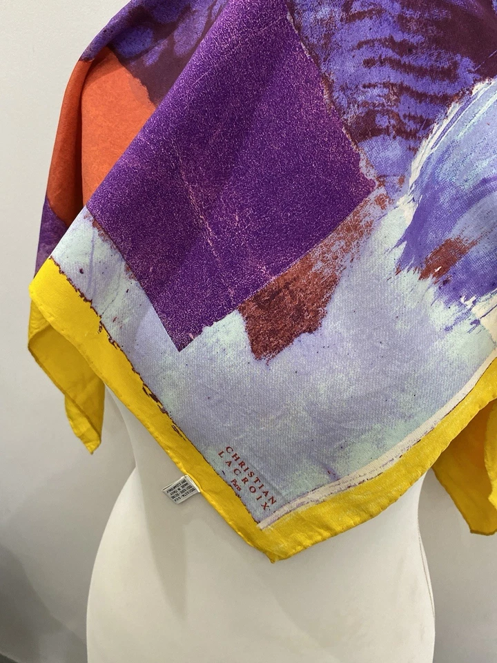 S49#Bufanda de seda Christian Lacroix - Retro estampado floral y geométrico 34 pulgadas Foto 3 de 4