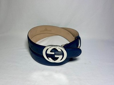 Embossed GG Gucci Leather Belt Navy w/ Silver Buckle sz 44 / 110