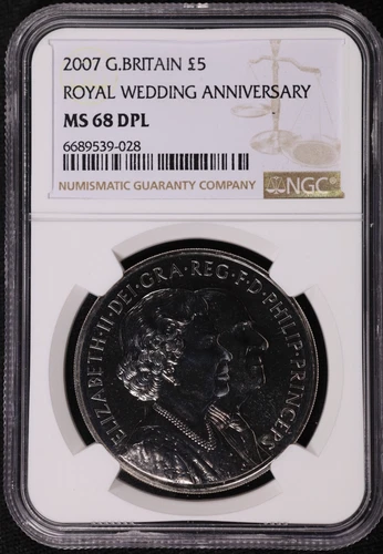 2007 Great Britain 5 Pound Royal Wedding Anniversary Silver NGC MS 68 DPL