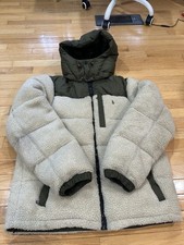 Polo Ralph Lauren Beige/Green Hi-Pile Sherpa Fleece Hybrid Down Hooded Jacket L