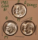 1951 P D S SILVER ROOSEVELT DIME GEM BU P&D FULL BANDS! KEY DATES 510417