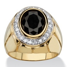 Men's 4.18 TCW Black Oval Cubic Zirconia Gold-Plated Faceted Halo Ring