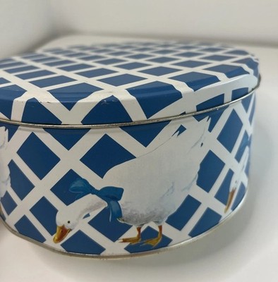 Vintage White and Blue Lattice Duck Tin Container with Lid Grandma Core Cottage