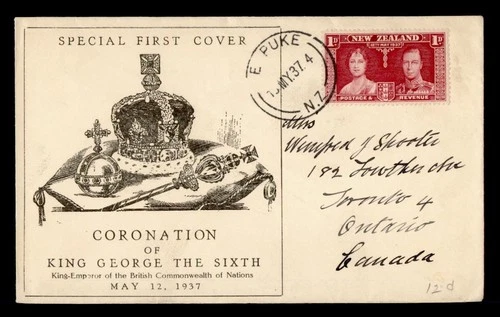 DR WHO 1937 NEW ZEALAND FDC KGVI CORONATION CACHET TO CANADA M71485