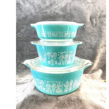 Vintage Pyrex Amish Butterprint Turquoise Casserole Set 471 473 475 With Lids