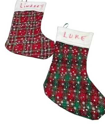 Christmas holiday stocking set 2 red green snowflakes hooks plaid soft felt READ