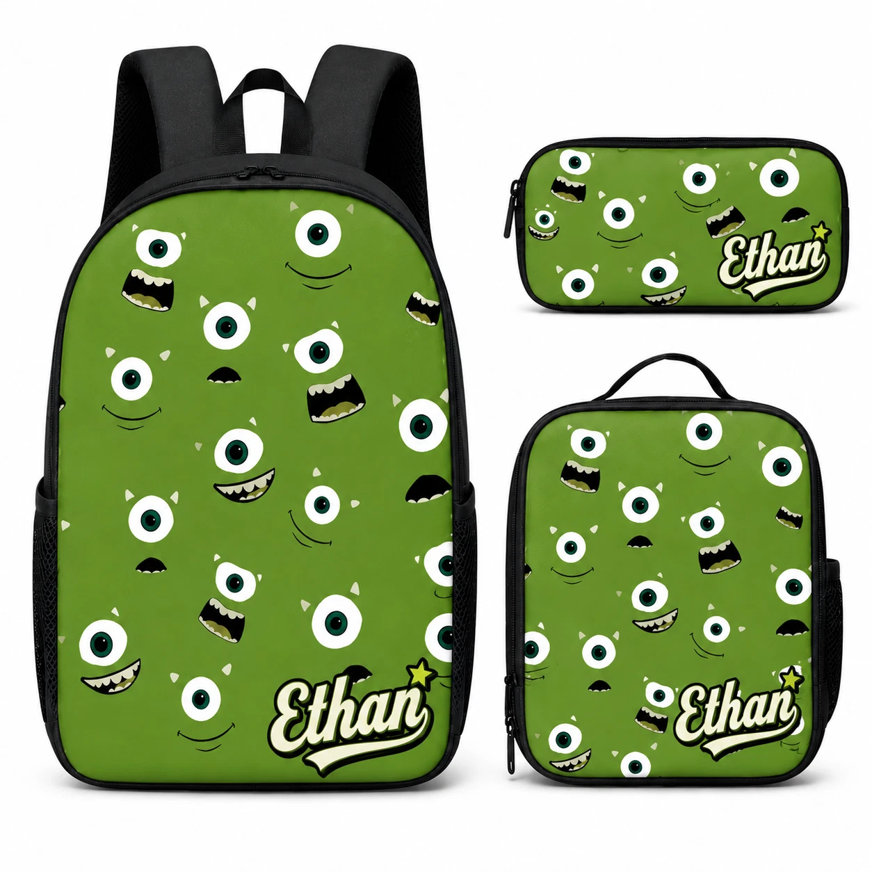 Green One Eye Monster Kids Backpack Lunch Bag Pencil Case 3PCS Set