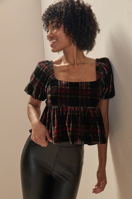 FRANCESCAS Viola Puff Sleeve Velvet Black Red Green Plaid XS Christmas