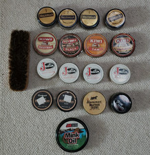 Vtg Shoe Shine Lot - Brush 17 Used Polish Tins Kiwi Meltonian Justin More