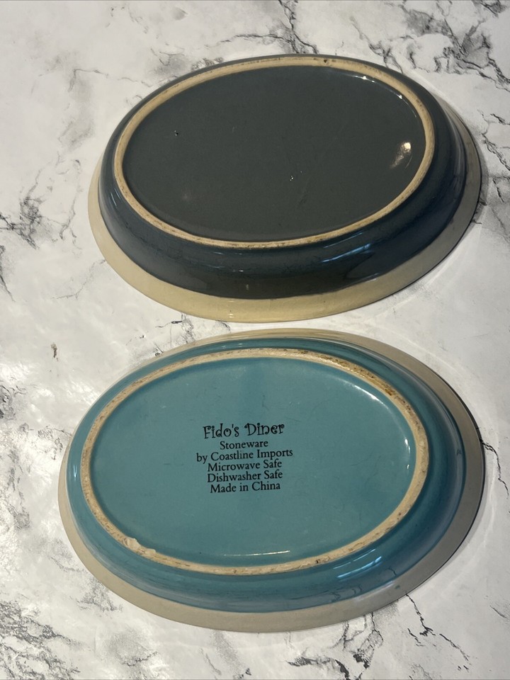 Fido’s Diner Stoneware Coastline Import Cat Dish Ceramic Gray Teal Fish