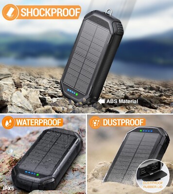 Black W23 Solar Power Bank 36000mAh, Wireless, 3 Cables, 15W USB
