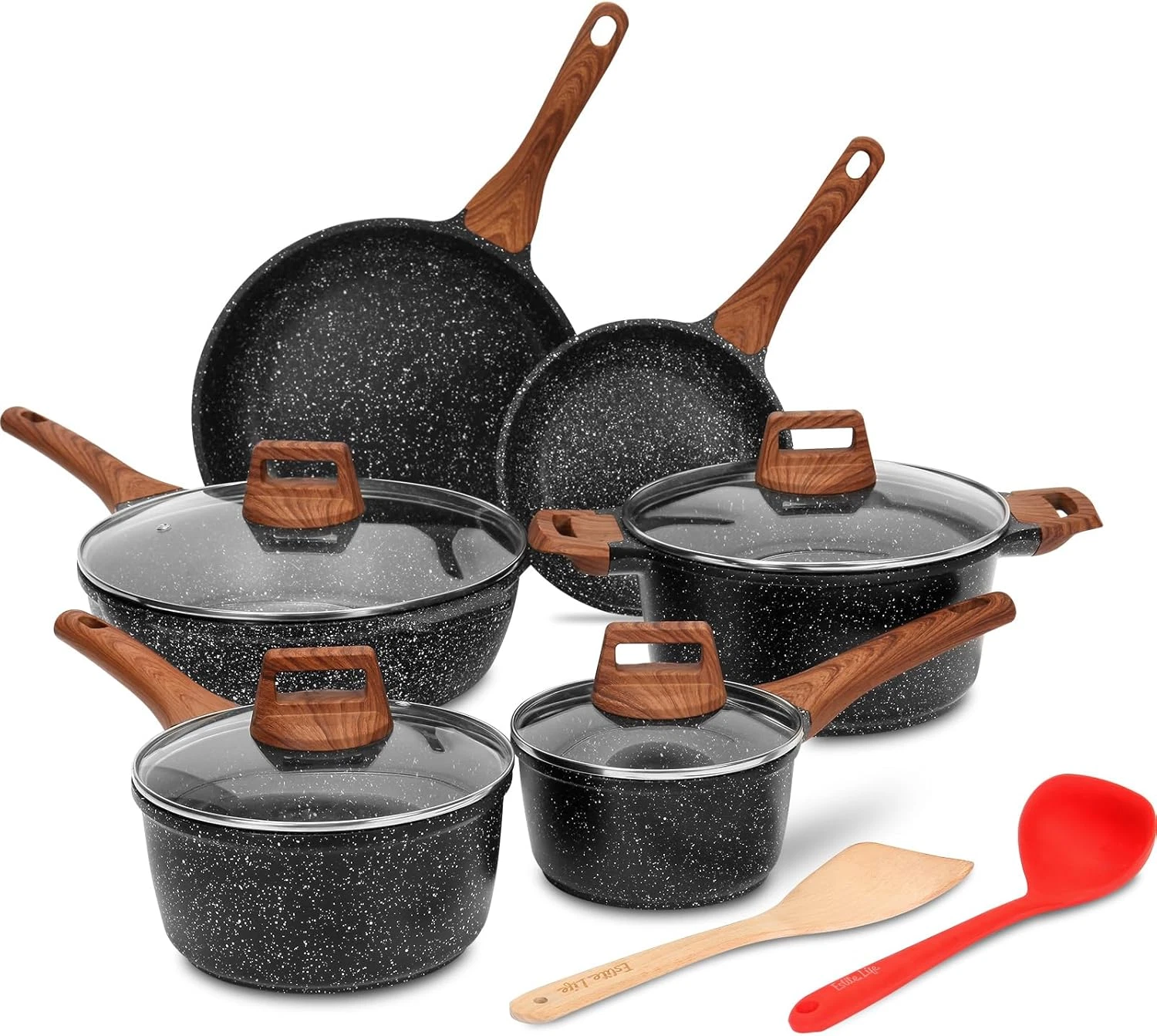 Granite Nonstick Cookware Set, 12 Pcs, PFOA Free, All Stovetops Compatible